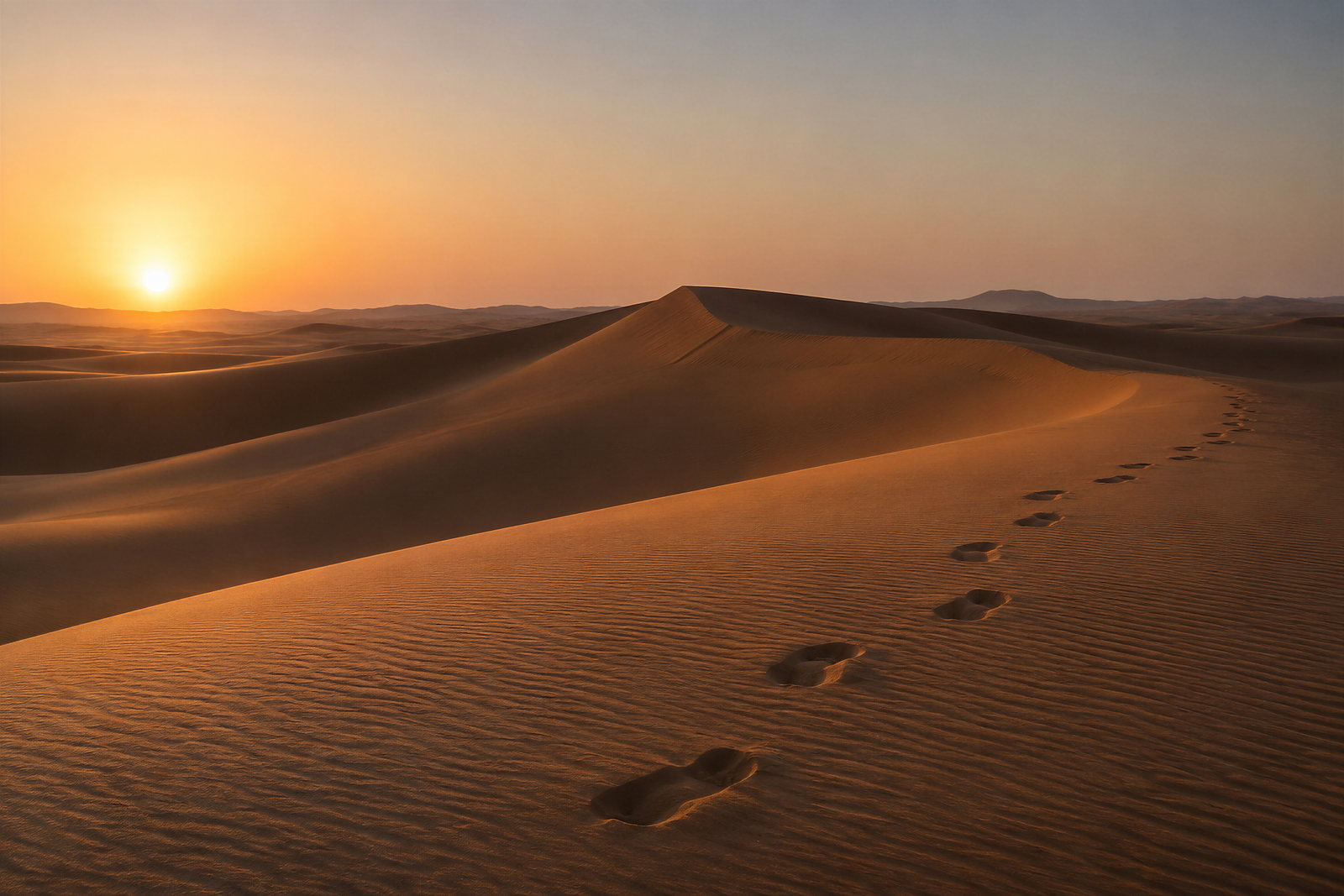 Dunes de sable au lever du soleil ; une trace de pas monte vers la crête. Image de synthèse.